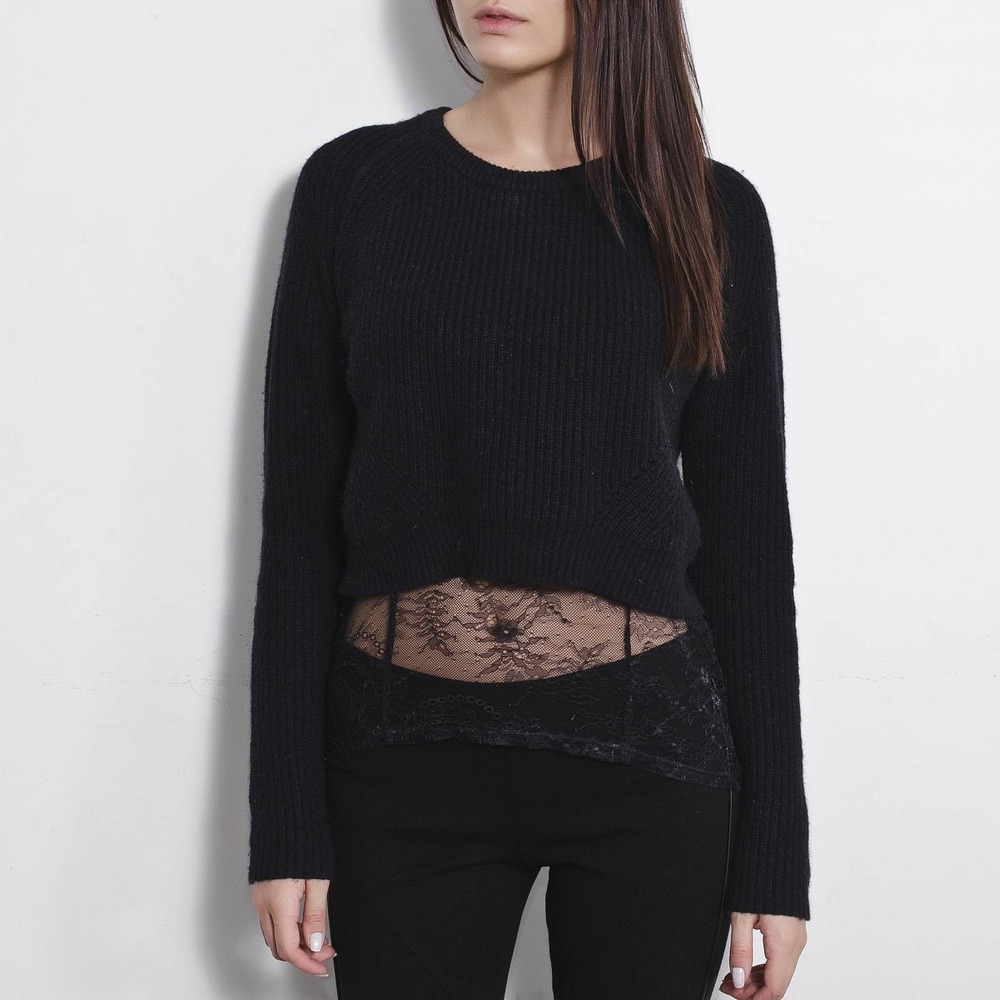 Maje Womens Black Crop Jumper‎  Sweater With Lace Underlay Sz 2 US M Wool Blend